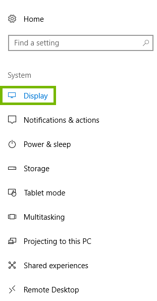 System settings choices with Display highlighted