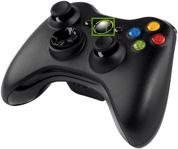 Xbox 360 wireless controller, highlighting the guide button