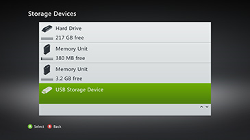 Xbox 360 storage device settings with usb storage selected