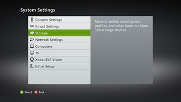 Xbox system settings with storage highlighted