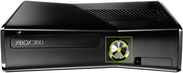 Power button highlighted on front of Xbox console