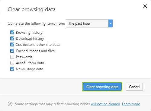 Clear browsing data button highlighted