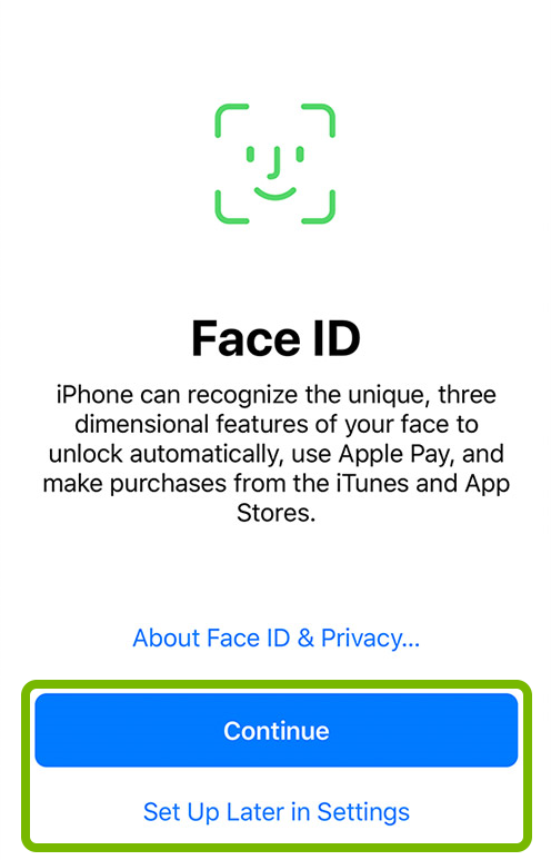 Continue button and Set Up Later In Settings option highlighted in iOS device setup.