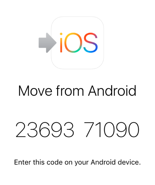 Move from Android option showing 12-digit code.