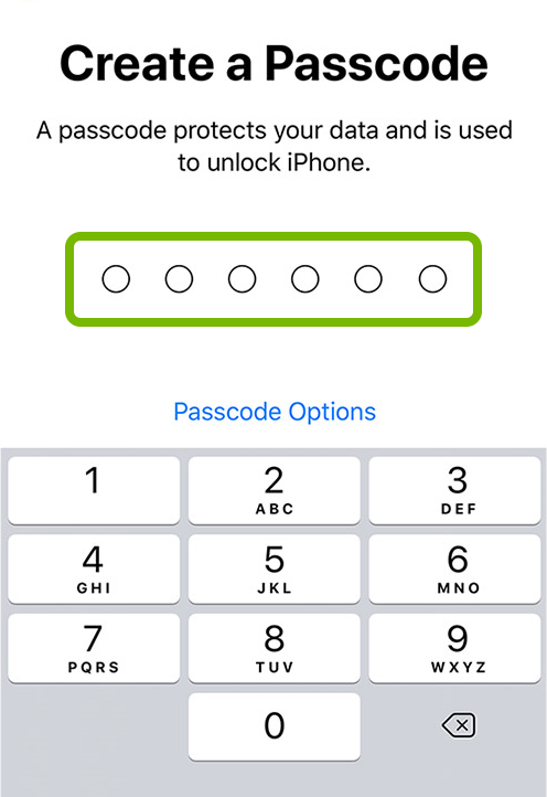Passcode entry screen in iOS device setup.