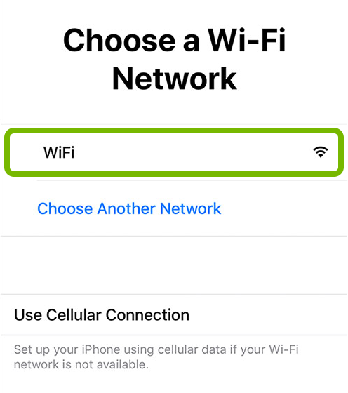 Wi-Fi network highlighted in iOS device setup.