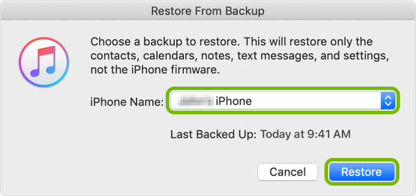 Backup selection and Restore button highlighted in iTunes popup.