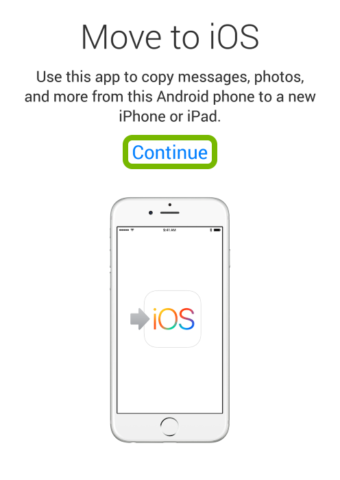 Continue option highlighted Move to iOS app.