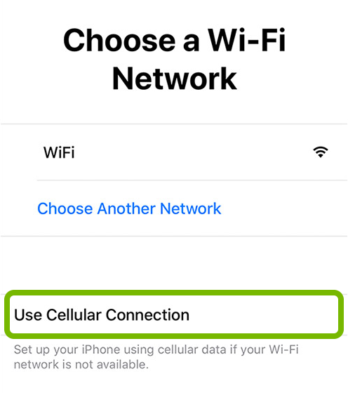 Use Cellular Connection option highlighted in iOS device setup.