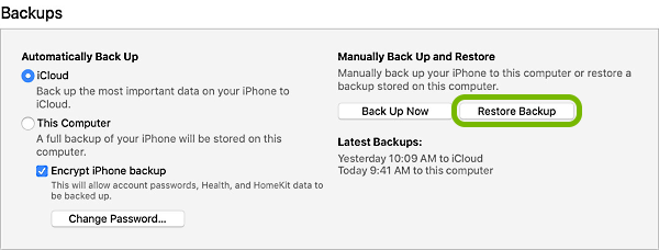 Restore Backup button highlighted in iTunes.