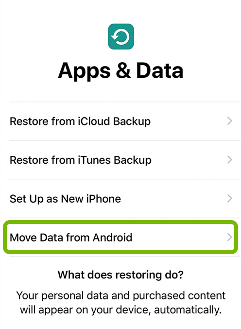 Move Data from Android option highlighted in iOS device setup.
