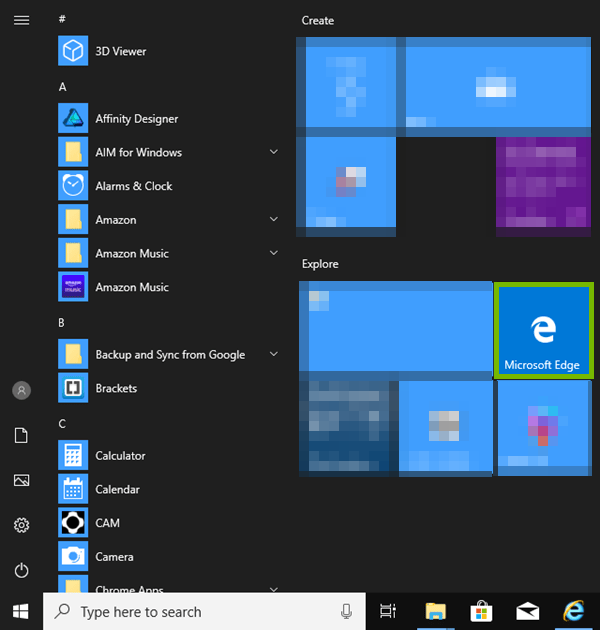 Edge in the start menu
