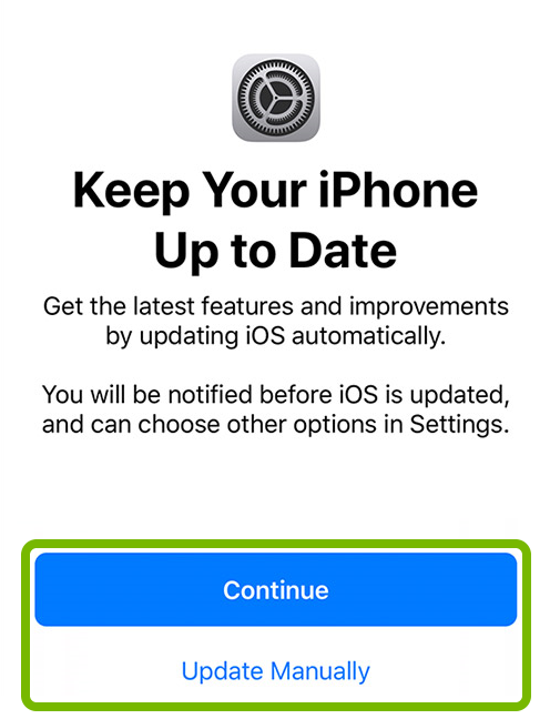 Continue button and Update Manually option highlighted in iOS device setup.