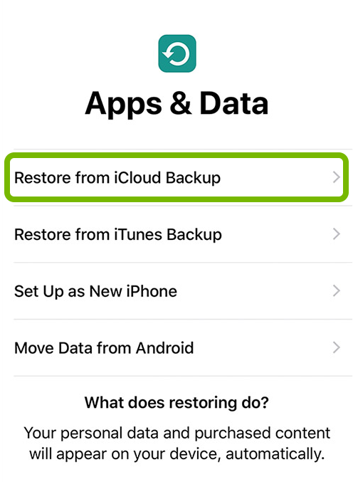 Restore from iCloud Backup option highlighted in iOS device setup.