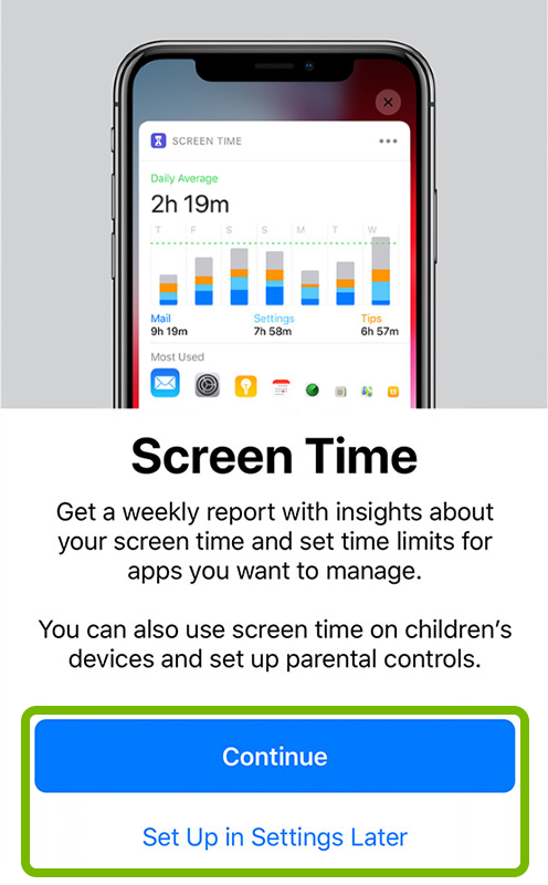 Continue button and Set Up Later In Settings option highlighted on Screen Time setup screen.