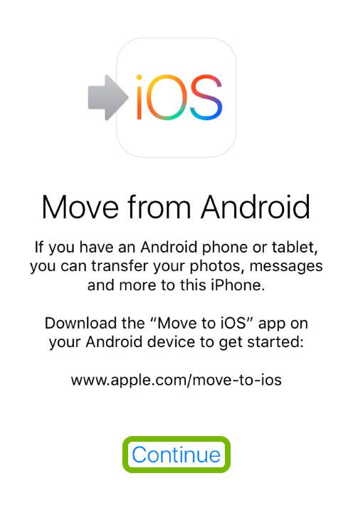 Continue option highlighted Move from Android feature of iOS device setup.