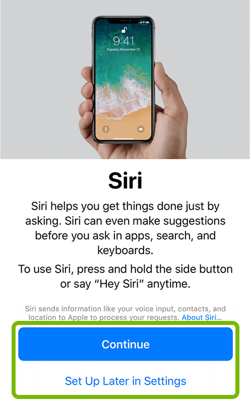 Continue button and Set Up Later In Settings option highlighted on Siri setup screen.