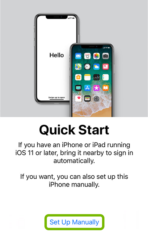 Set Up Manually option highlighted in iOS setup of iOS device.