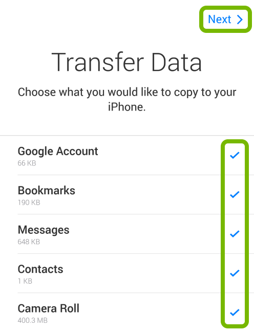 Next option and checkmarks highlighted on Transfer Data screen of Move to iOS app.