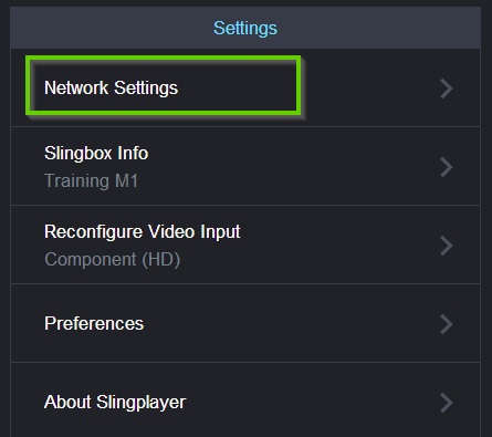 Slingbox settings showing network settings highlighted.