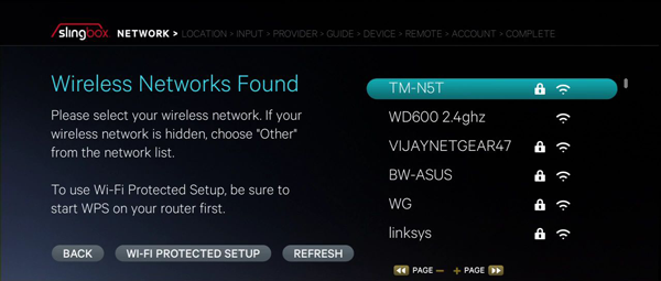 Slingbox internet settings showing a list of Wi-Fi networks.