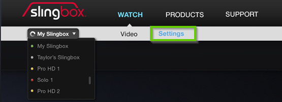 Settings option highlighted on Slingbox main page.