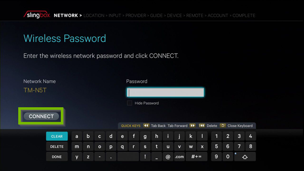 Connect option highlighted on password entry screen.