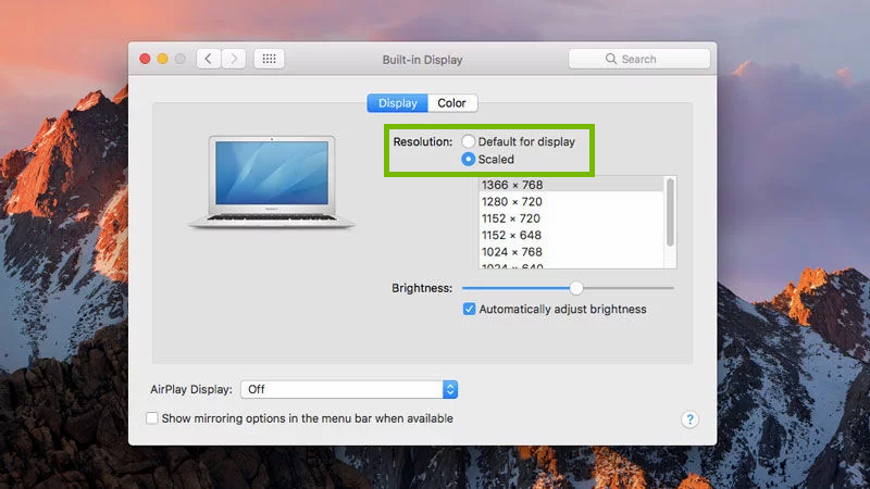 Display preferences with resolution highlighted