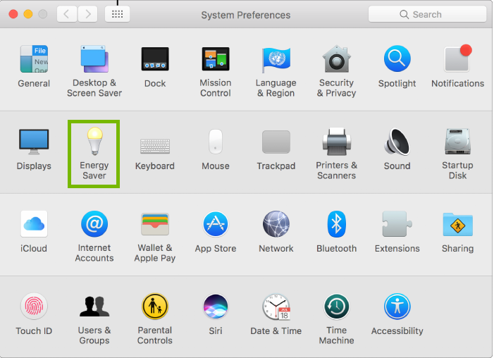 System Preferences with energy saver highlighted