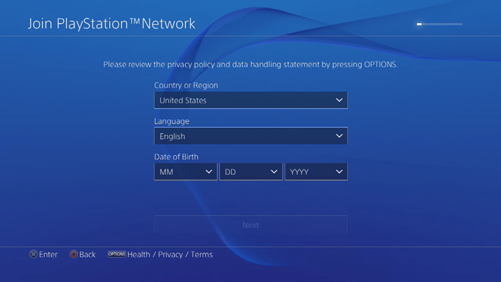 Country, language and birth date entry screen.