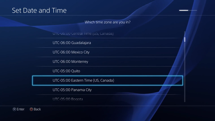 Time zone selection screen.