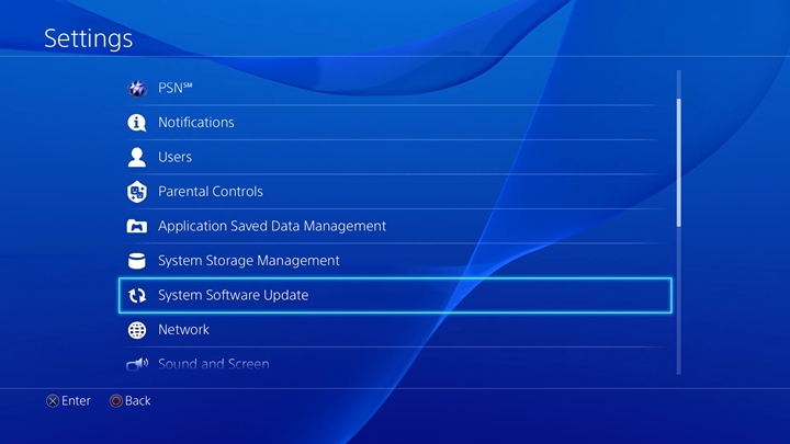 System Software Update selected in Settings menu.