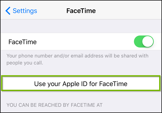 iOS Facetime settings highlighting the use your apple ID for Facetime option.