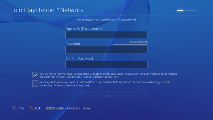 PlayStation Network email and password entry screen.