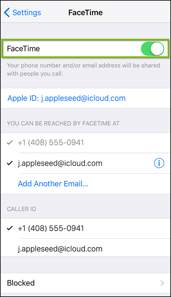 iOS Facetime settings highlighting the on off toggle switch.