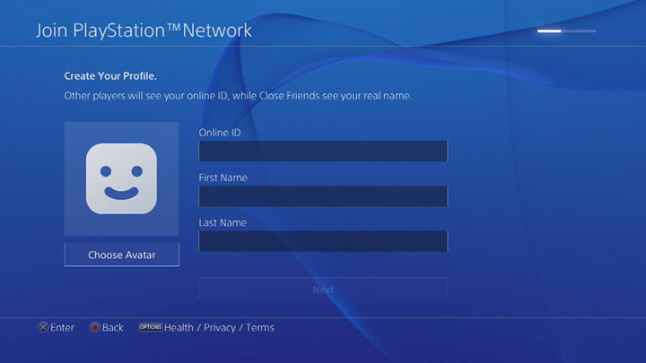 PlayStation Network profile editing screen.