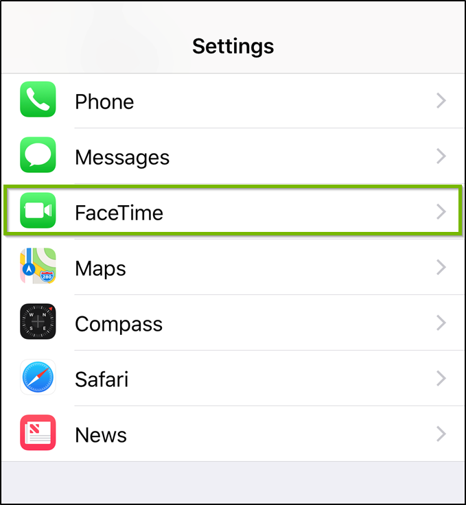iOS Settings menu with Facetime highlighted.