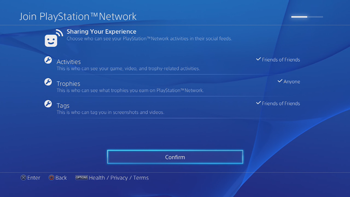 PlayStation Network activity sharing customization screen.