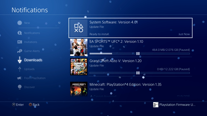 New System Software update selected on Notifications screen.