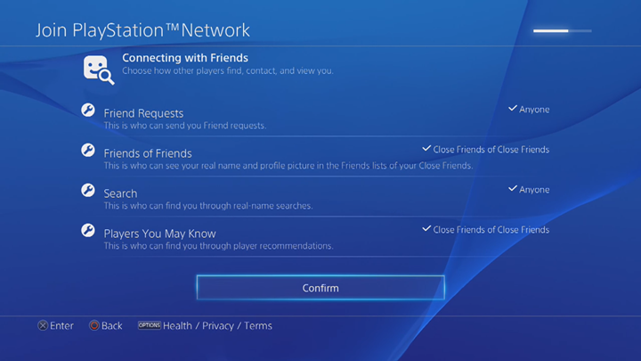 PlayStation Network connecting with friends customization screen. 