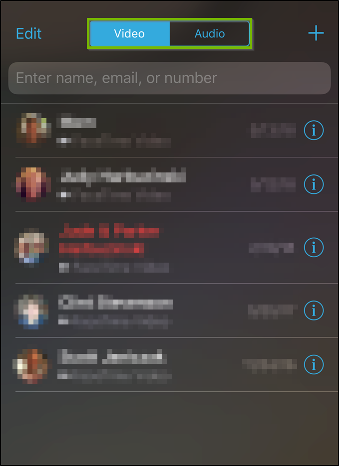 iOS Facetime app highlighting video and audio buttons.