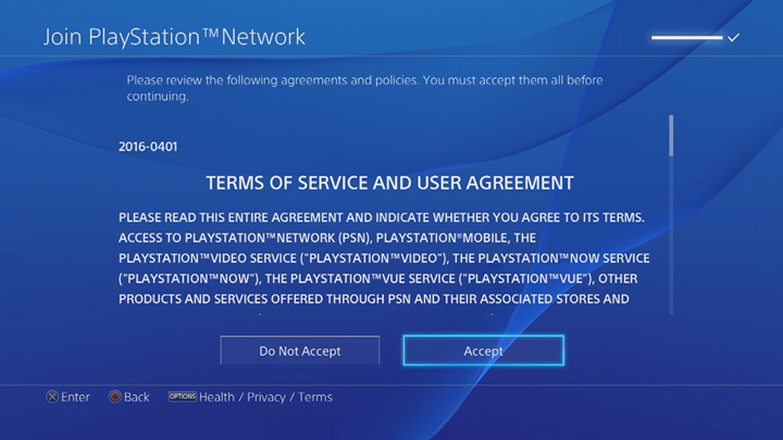 Terms of Service and User Agreement acceptance screen.