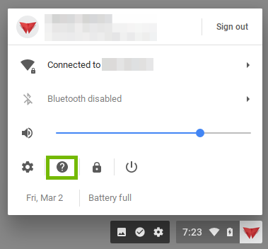Screenshot showing the location of the help question mark inside the Chromebook user menu