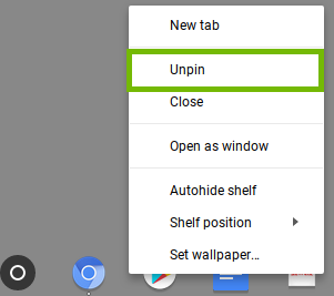 ight click on pinned app with unpin highlighted.