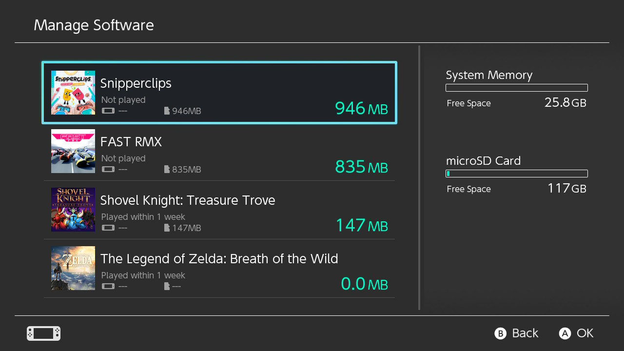 Nintendo Switch manage software menu displaying a list of currently installed games.