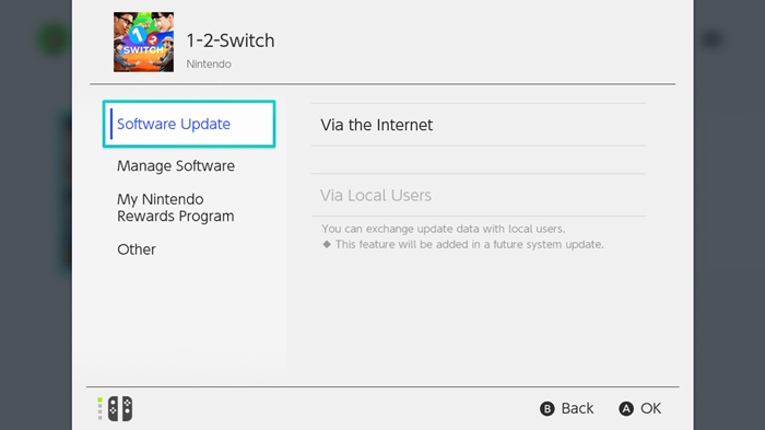 Nintendo Switch game options menu highlighting the software update button.