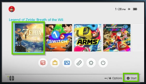 Nintendo Switch home screen highlighted the inserted game.