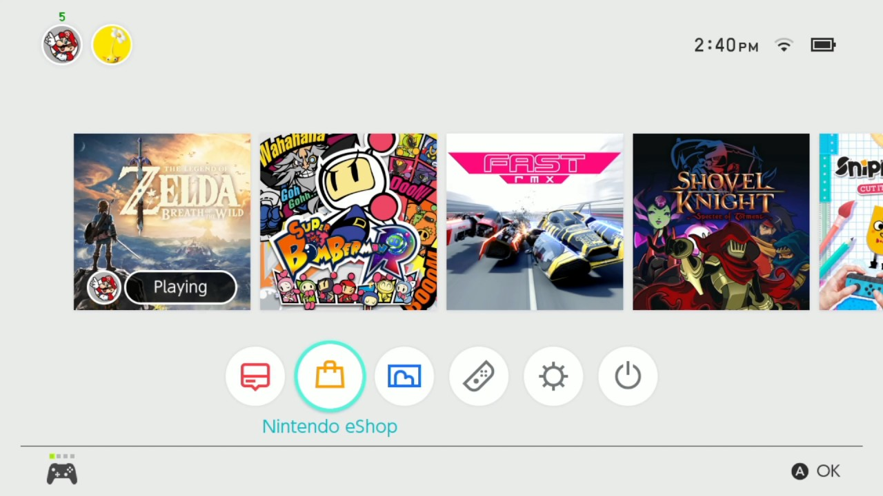 Nintendo switch home menu with Nintendo E shop highlighted.