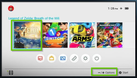 Nintendo Switch home screen highlighting a currently installed game and the options button.
