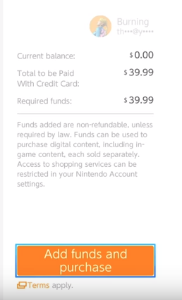 Nintendo Switch E shop purchase screen with the add funds and purchase button highlighted.